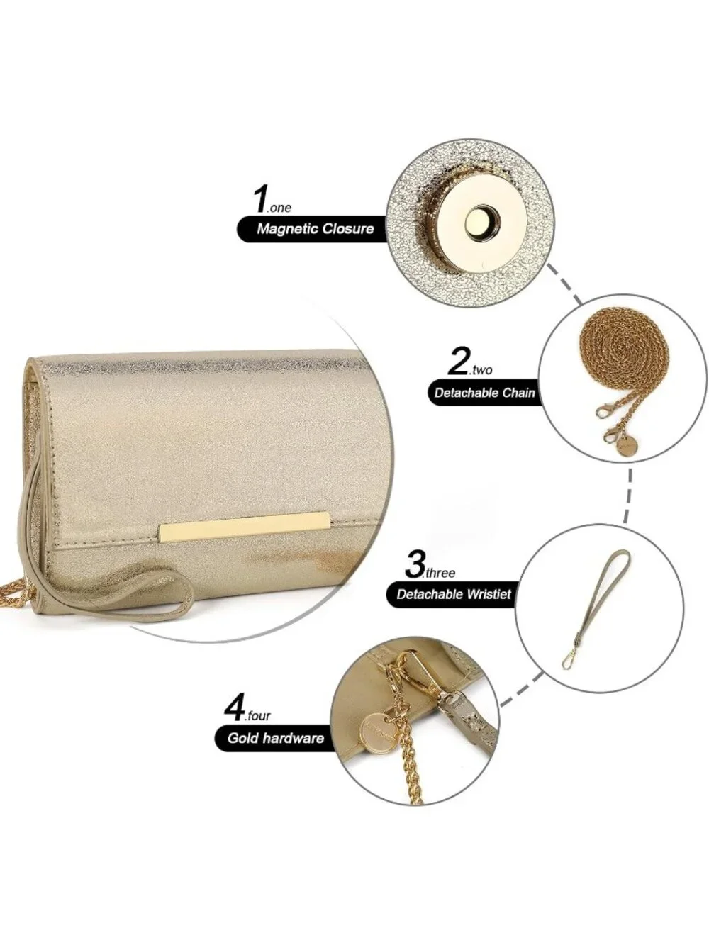 Women’s Shiny Gold Clutch Purses Wristlet Vegan Leather Formal Evening Bag